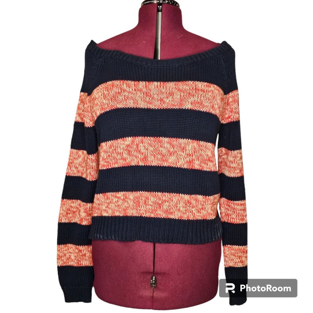 American Eagle Outfitters Off Shoulder‎ Crop Sweater Boatneck Blue Orange Sz Lrg